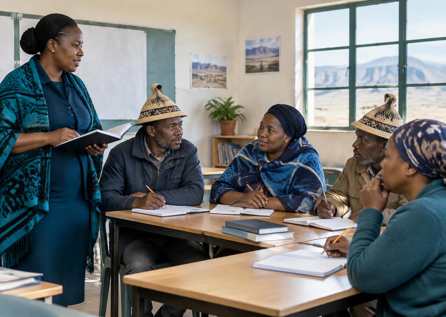 AI illustration of Basotho adults sharing financial knowledge in a workshop